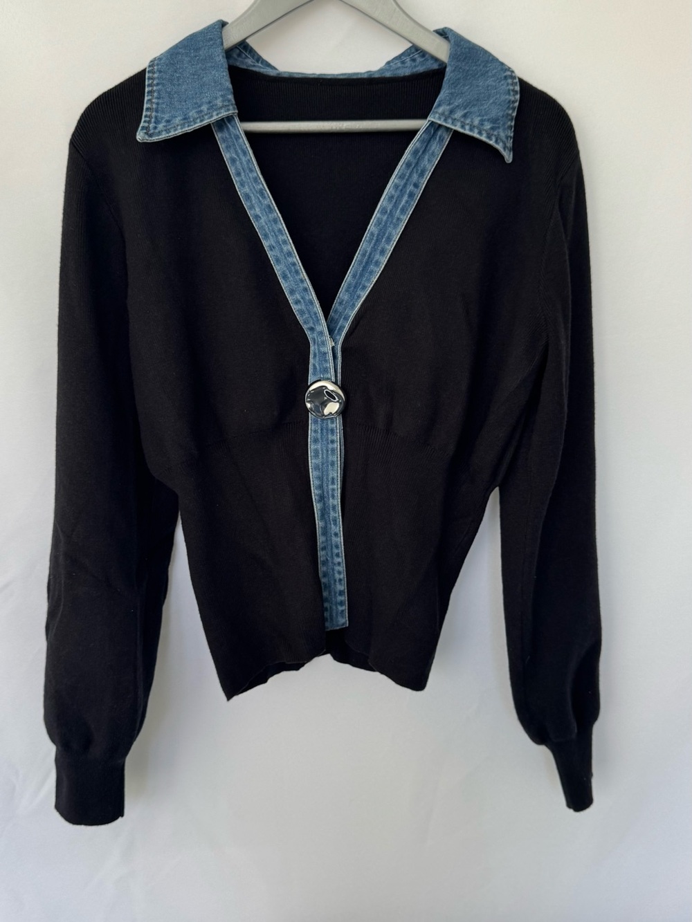 Commense Black Knit Top with Denim Trim